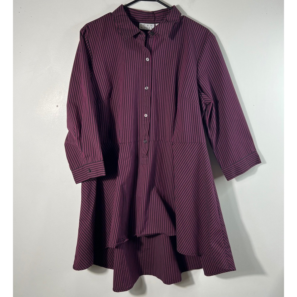 Joan Rivers Peplum Hi Lo Tunic Shirt Burgundy Black Striped 1/2 Button 16